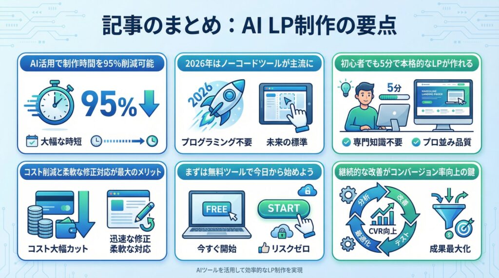 AI LP制作の要点をまとめたインフォグラフィック