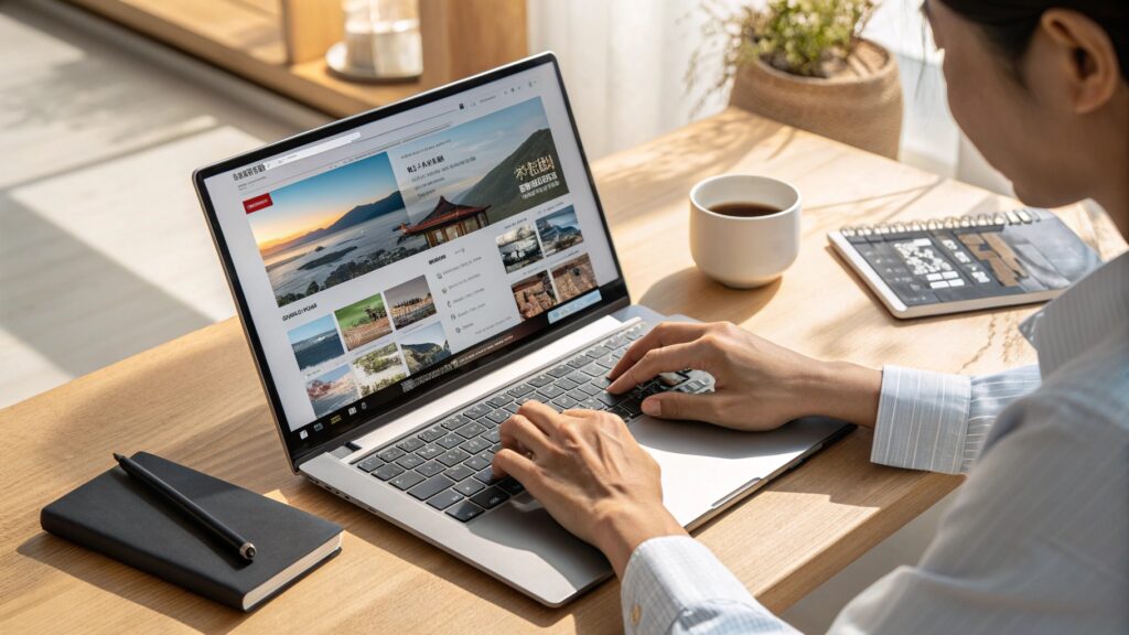 ノートパソコンでLP制作作業をする日本人の手元