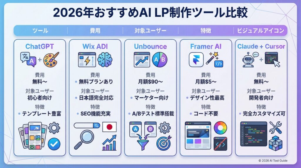 主要なAI LP制作ツールの比較インフォグラフィック
