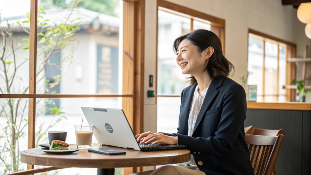 カフェでAIツールを使ってLP制作に取り組む日本人女性