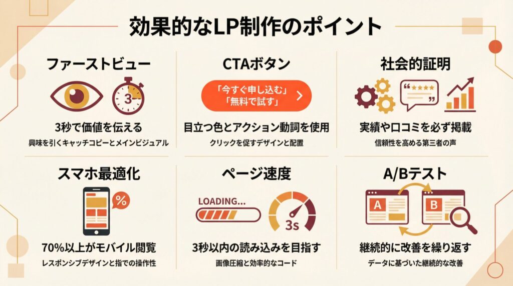 効果的なLP制作の重要ポイントをまとめたインフォグラフィック