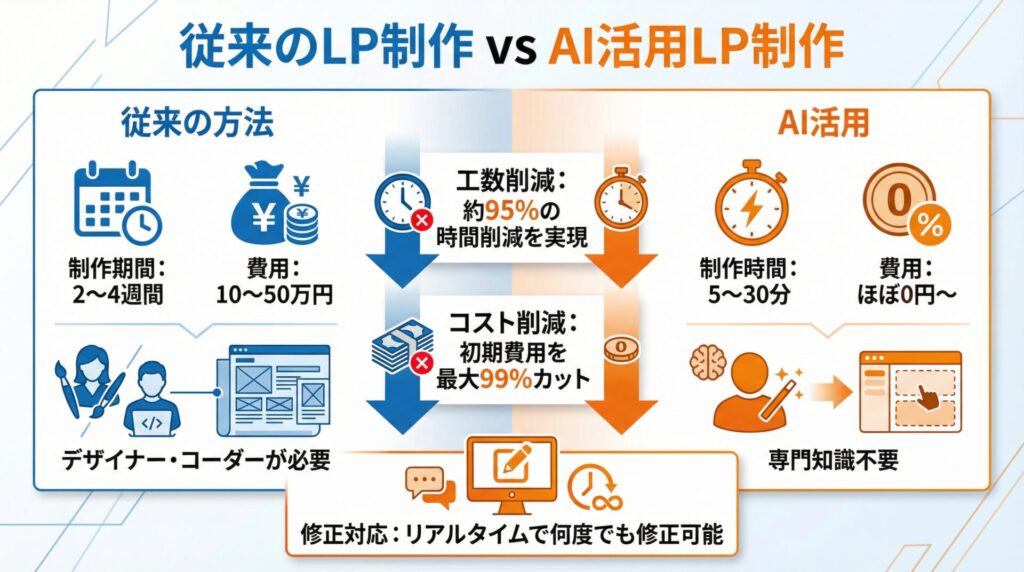 従来のLP制作とAI活用LP制作の比較インフォグラフィック