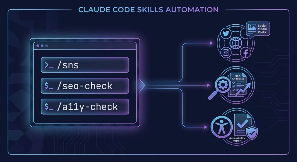 Claude Codeのスキル機能で作業を自動化するイメージ図