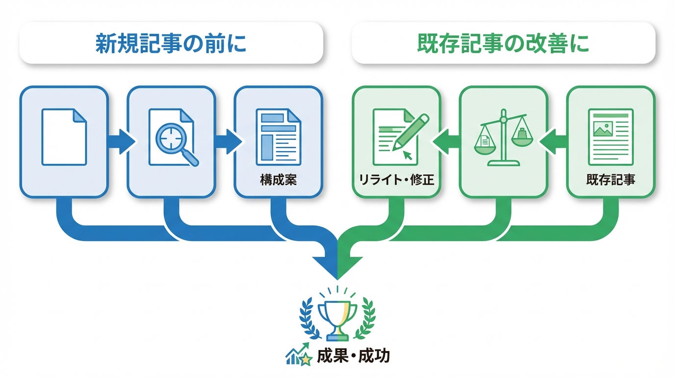 2つのスキルの使い分け:新規記事の前にcompetitor-analysis、既存記事の改善にrewrite-analysis
