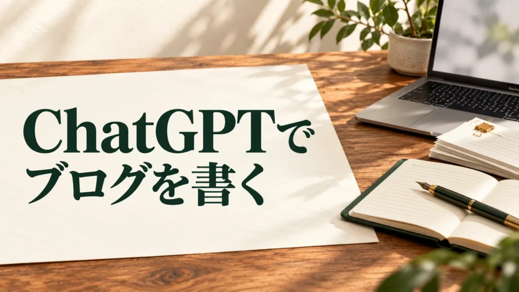 ChatGPTで ブログを書く：木のデスクに原稿用紙、ノート、ペンとノートPCを並べたブログ執筆のイメージ