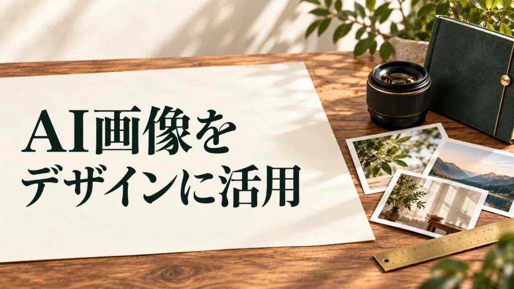 AI画像を デザインに活用：木のデスクに写真プリントと画材を並べたAI画像のデザイン活用イメージ