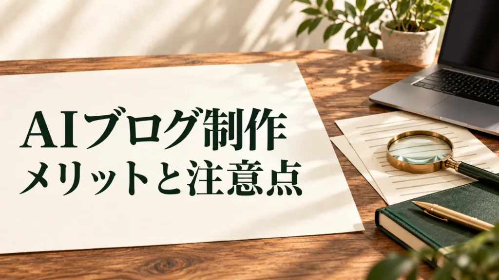 AIブログ制作 メリットと注意点：原稿と虫眼鏡、ノートPCを並べたAIブログ制作と確認作業のイメージ