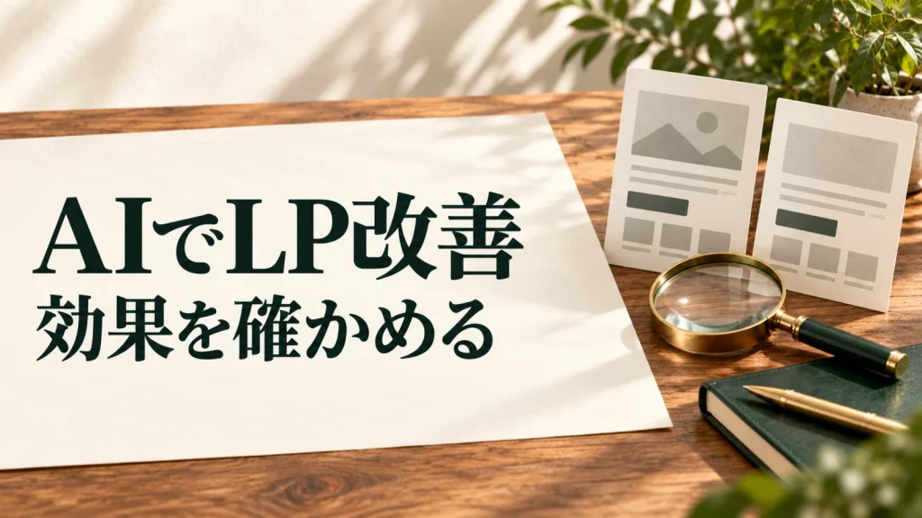 AIでLP改善 効果を確かめる：木のデスクに画面の試作カードと虫眼鏡を置いたLP改善のイメージ