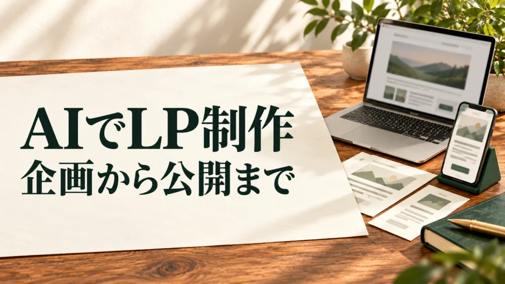 AIでLP制作 企画から公開まで：ノートPCとスマートフォン、構成案のカードによるLP制作のイメージ