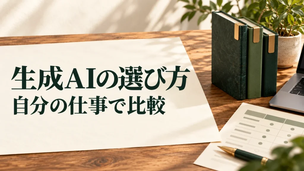 生成AIの選び方 自分の仕事で比較：三冊のノートと比較用の用紙を並べた生成AIツール選びのイメージ