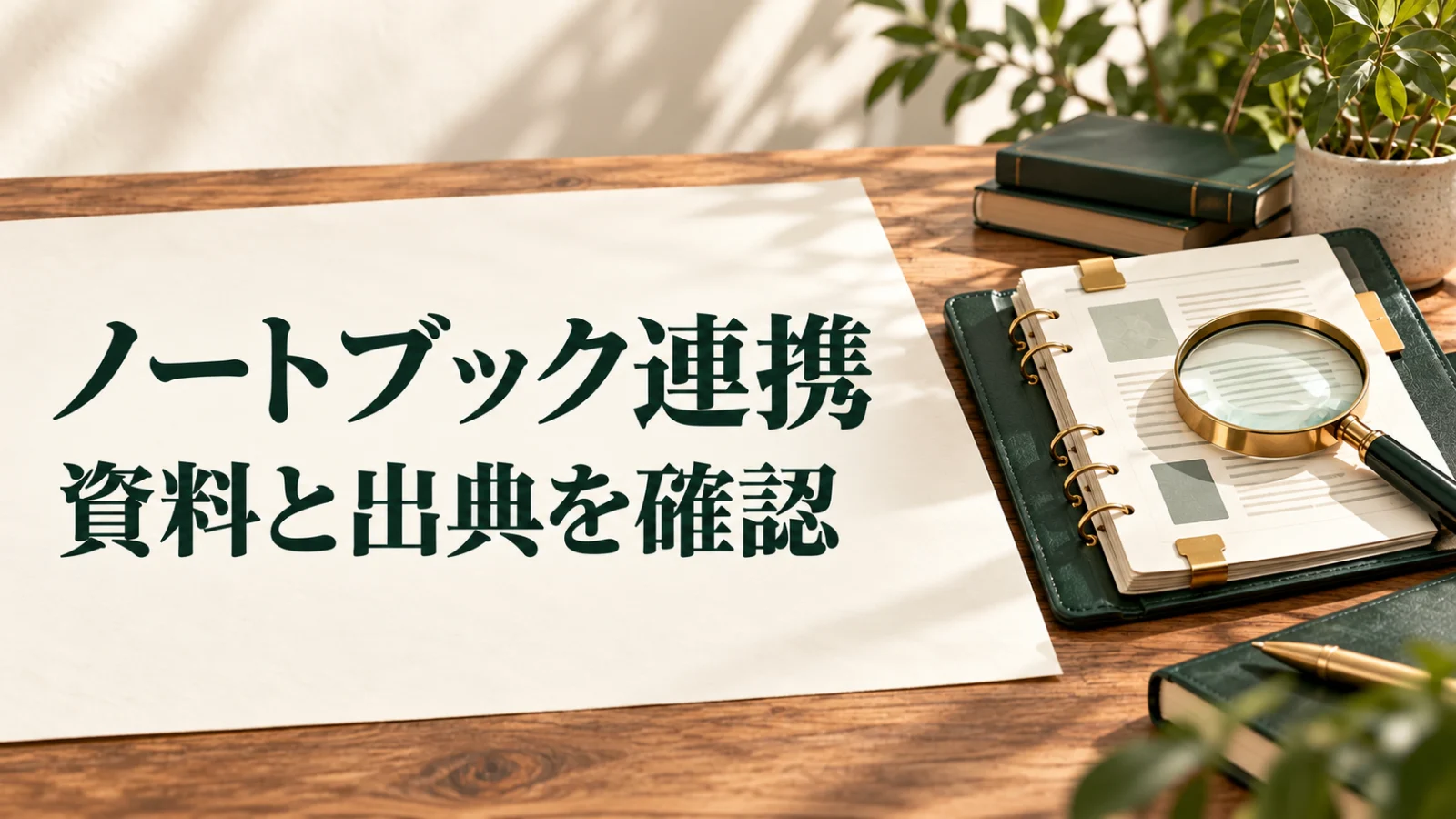 ノートブック連携 資料と出典を確認：資料を綴じたバインダーと虫眼鏡で表したノートブック連携と出典確認のイメージ