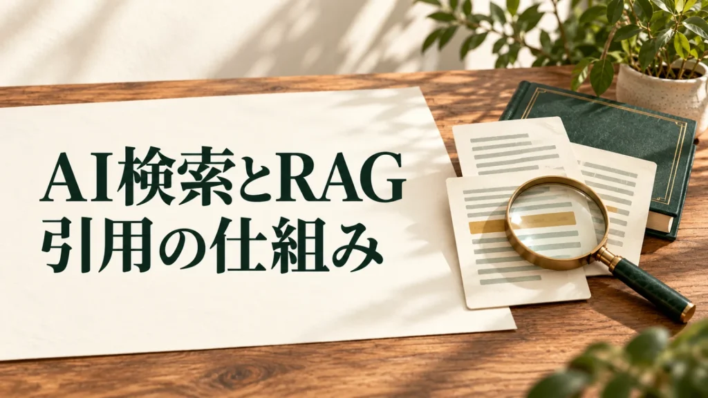 AI検索とRAG 引用の仕組み：参照カードと本、虫眼鏡で表したAI検索と引用の仕組みのイメージ