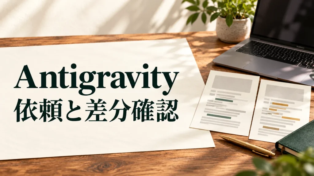 Antigravity 依頼と差分確認：修正前後の用紙とノートPCで表した依頼と差分確認のイメージ