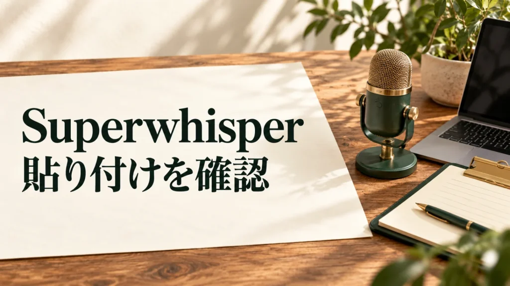 Superwhisper 貼り付けを確認：卓上マイクとノートPCによる音声入力後の貼り付け確認イメージ
