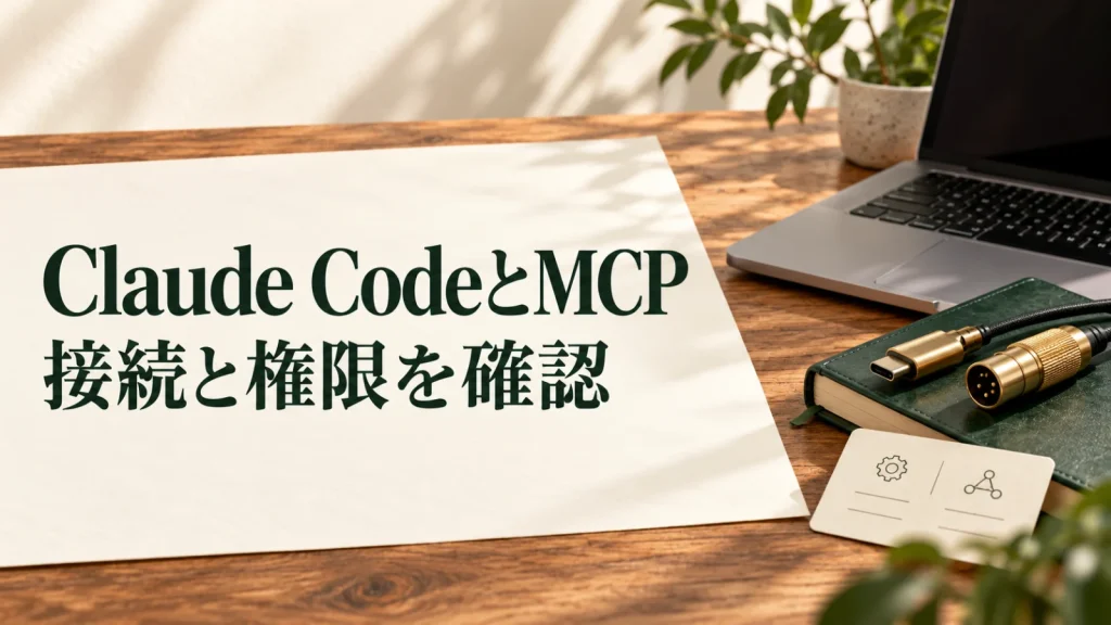 Claude CodeとMCP 接続と権限を確認：接続端子とノートPC、ノートで表したClaude CodeとMCPの接続確認イメージ