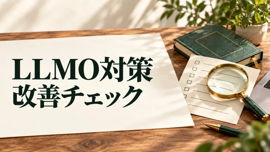 LLMO対策 改善チェック：チェック用紙と虫眼鏡、深緑の本によるLLMO対策の確認イメージ