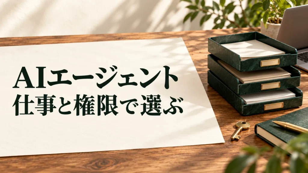 AIエージェント 仕事と権限で選ぶ：書類トレーと鍵、ノートPCで表したAIエージェントの仕事と権限の選択イメージ