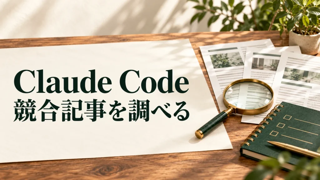 Claude Code 競合記事を調べる：複数の原稿と虫眼鏡、ノートによる競合記事の比較調査イメージ
