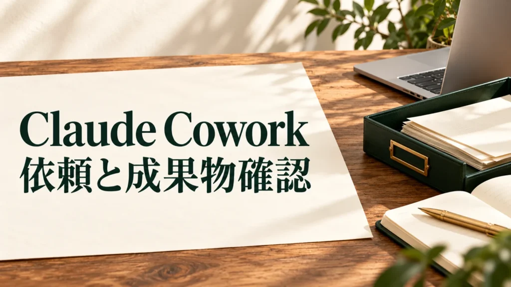 Claude Cowork 依頼と成果物確認：書類トレーとノートPC、ノートによるClaude Coworkの作業確認イメージ