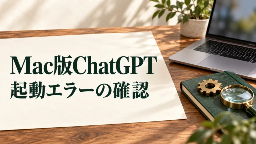 Mac版ChatGPT 起動エラーの確認：ノートPCと歯車の小物、虫眼鏡で表したMac版ChatGPTの起動設定確認イメージ