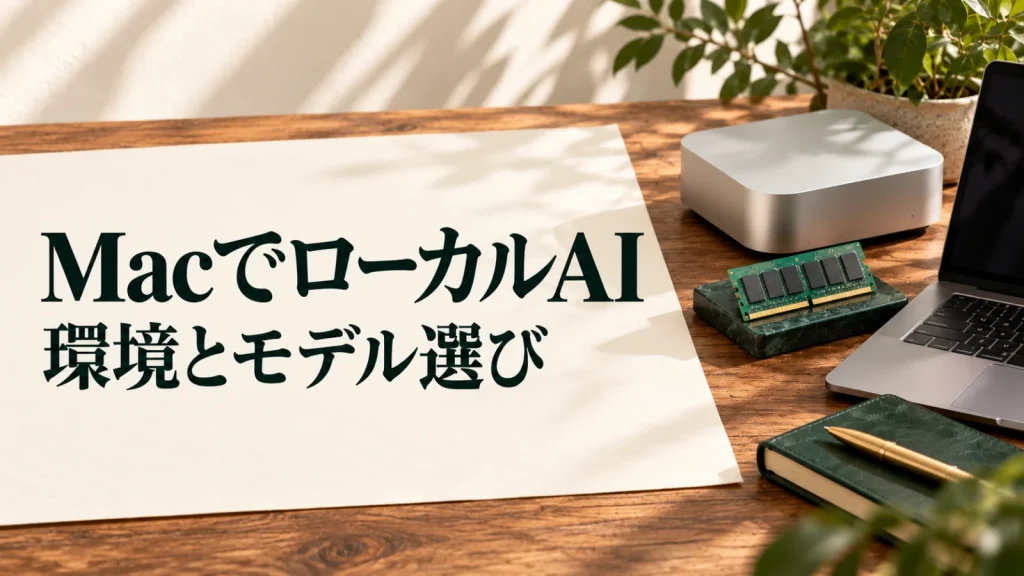MacでローカルAI 環境とモデル選び：ノートPCと小型端末、メモリー部品によるMacのローカルAI導入イメージ
