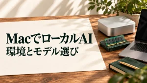 MacでローカルAI 環境とモデル選び：ノートPCと小型端末、メモリー部品によるMacのローカルAI導入イメージ