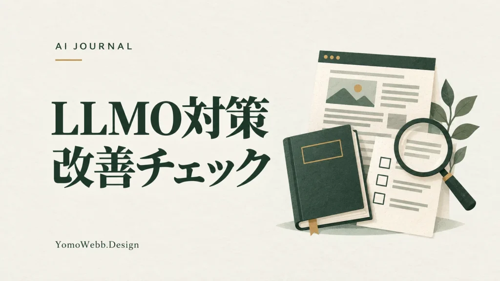 LLMO対策 改善チェック：Web記事と根拠資料、確認リストを描いたLLMO対策の説明画像