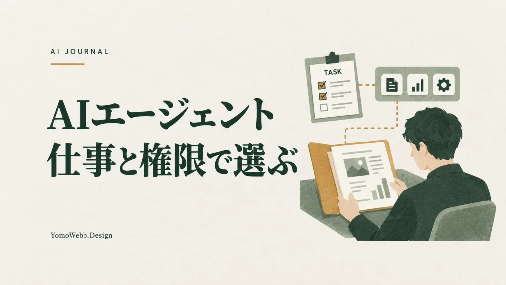 AIエージェント 仕事と権限で選ぶ：作業の依頼と使う道具、成果物の確認を描いたAIエージェントの説明画像