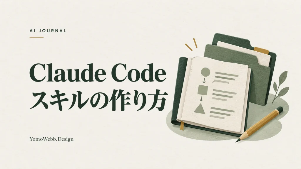 Claude Code スキルの作り方：作業手順をまとめた冊子とプロジェクトフォルダーを描いたスキル作成の説明画像