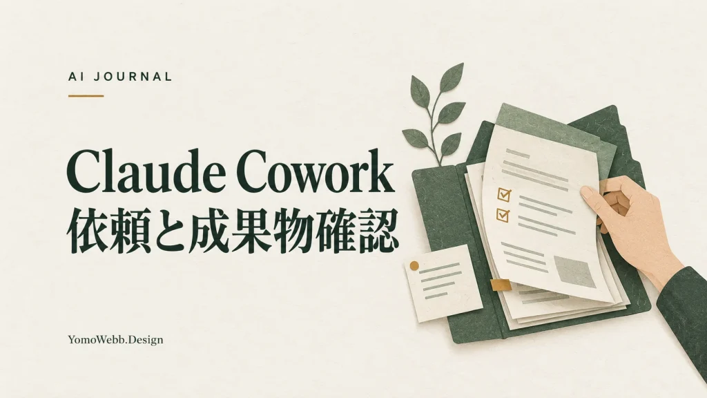 Claude Cowork 依頼と成果物確認：依頼メモと完成した資料を人が確認する、Claude Coworkの説明画像
