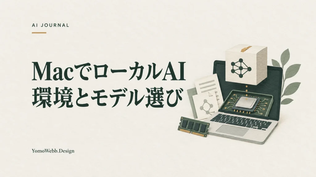MacでローカルAI 環境とモデル選び：手元の端末とモデル、処理用の部品を描いたローカルAI導入の概念画像