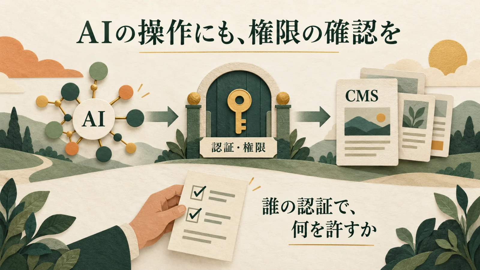 AIから認証の鍵を通ってCMSを操作する流れと、許可する操作を人が確認する様子を表した概念図。
