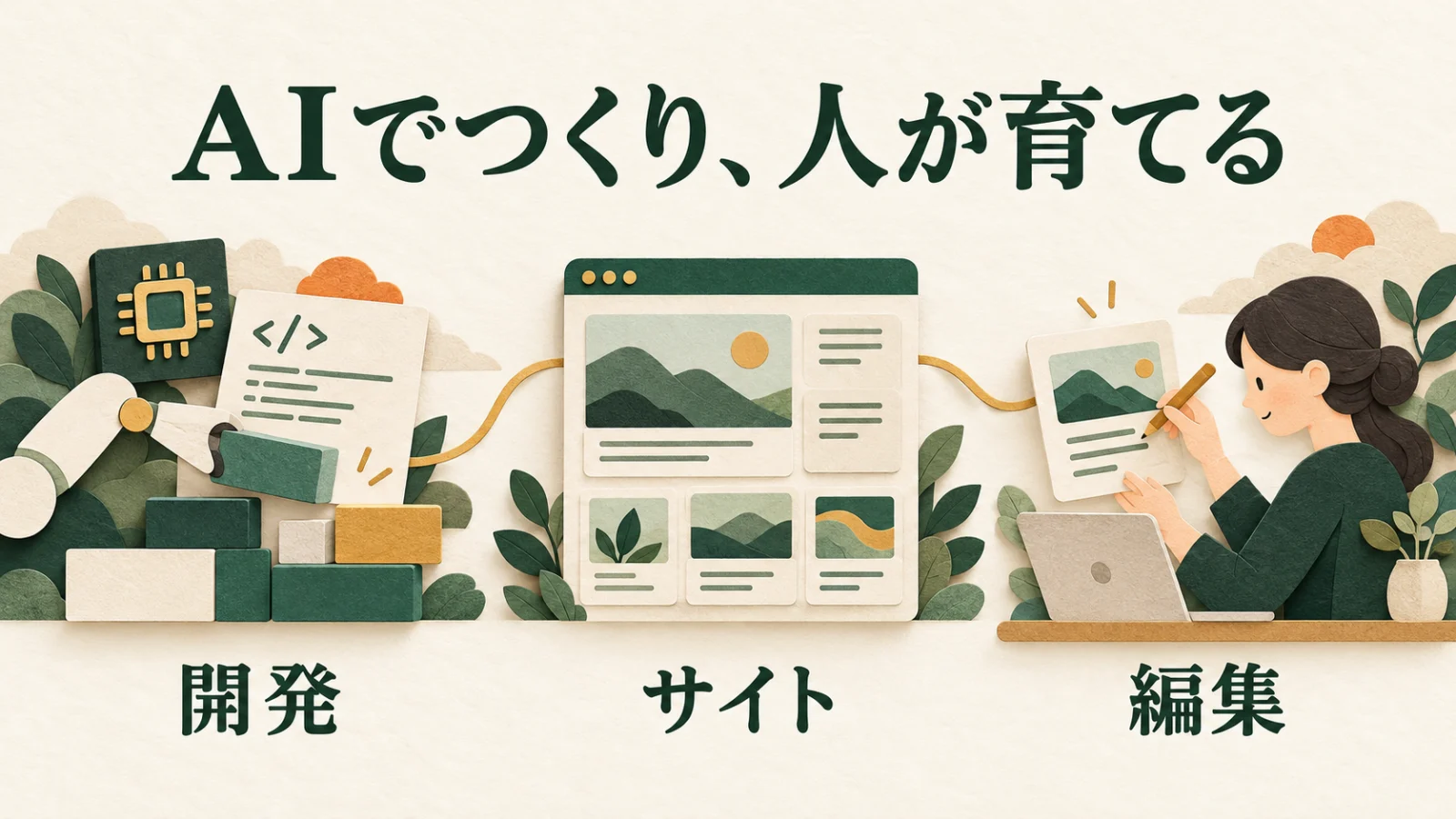 開発、サイト、編集の順に、AIによる構築と人による記事編集を並べた概念図。