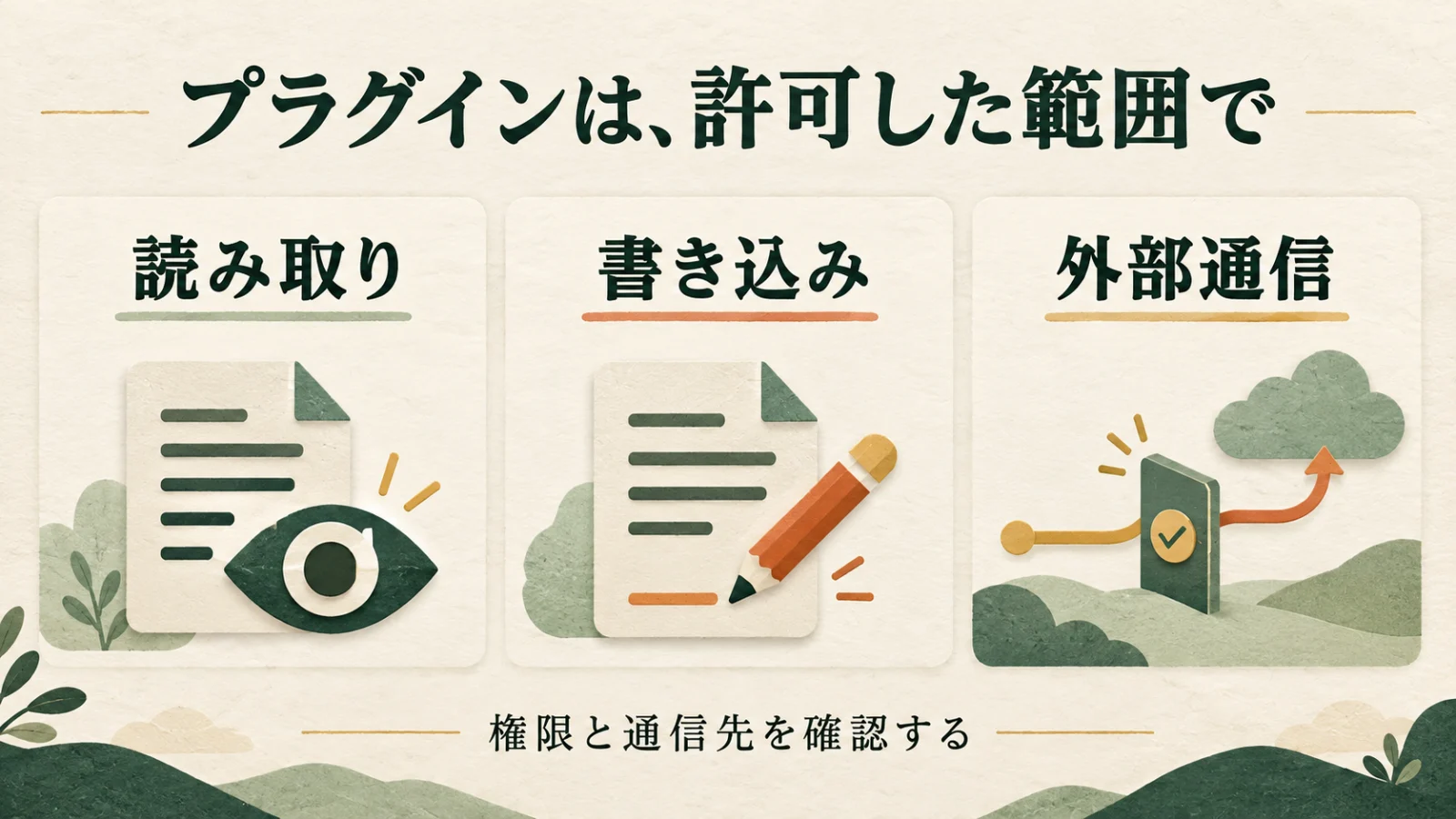 プラグインの権限を、読み取り・書き込み・外部通信の3枚のカードで示した概念図。