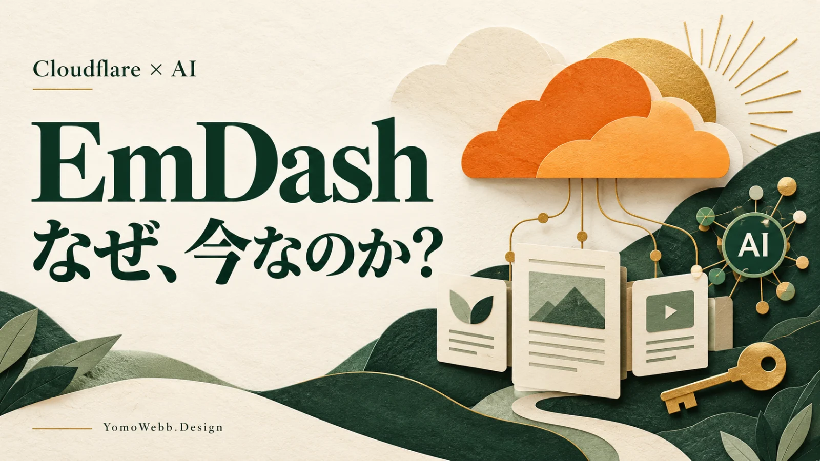 生成りの紙に「EmDash なぜ、今なのか?」の文字を配置し、オレンジのクラウド、記事カード、AIと鍵を組み合わせたイメージ。