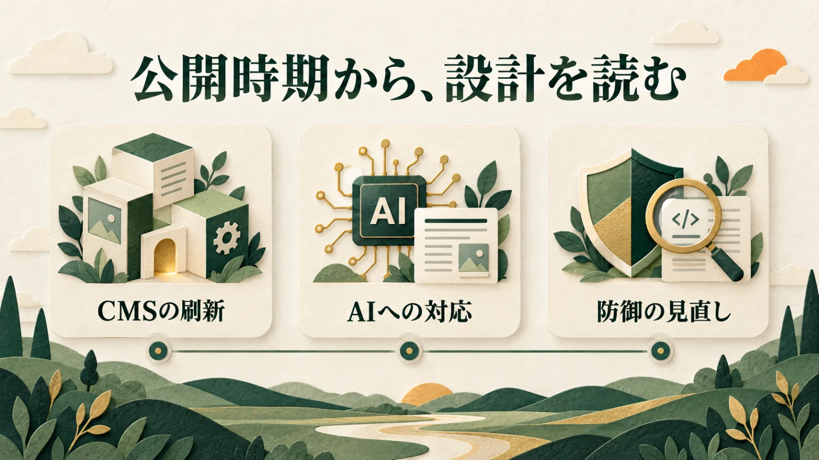 「公開時期から、設計を読む」の見出しの下に、CMSの刷新、AIへの対応、防御の見直しを並べた図。
