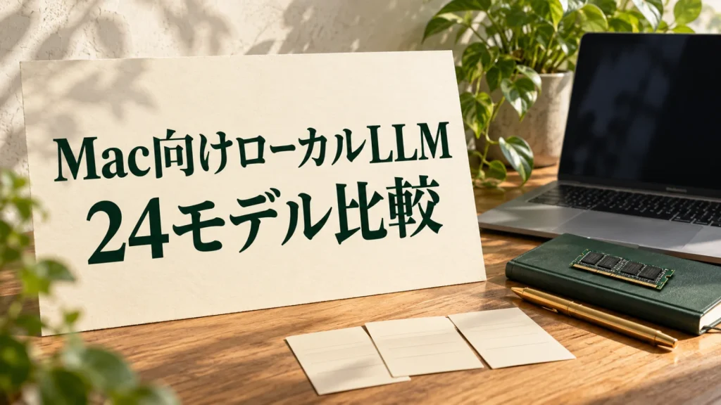 Mac向けローカルLLM 24モデル比較。木の机の上の生成りの紙に深緑の文字を配置し、ノートPCとメモリー部品、比較用カードを添えたイメージ画像。