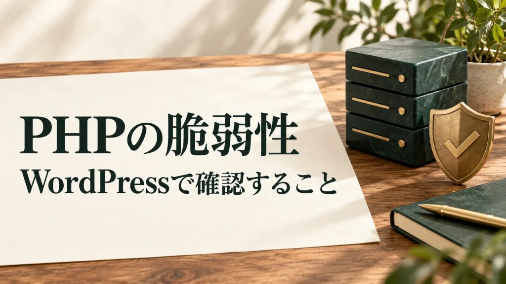 木のデスクに置かれたPHPサーバーと盾の模型。PHPの脆弱性とWordPressで確認することを伝えるアイキャッチ