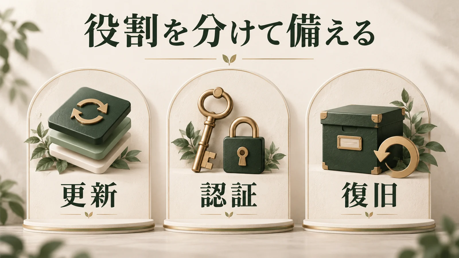 更新はソフトウェアの修正、認証はログイン保護、復旧はバックアップという役割を三つの柱で示す図
