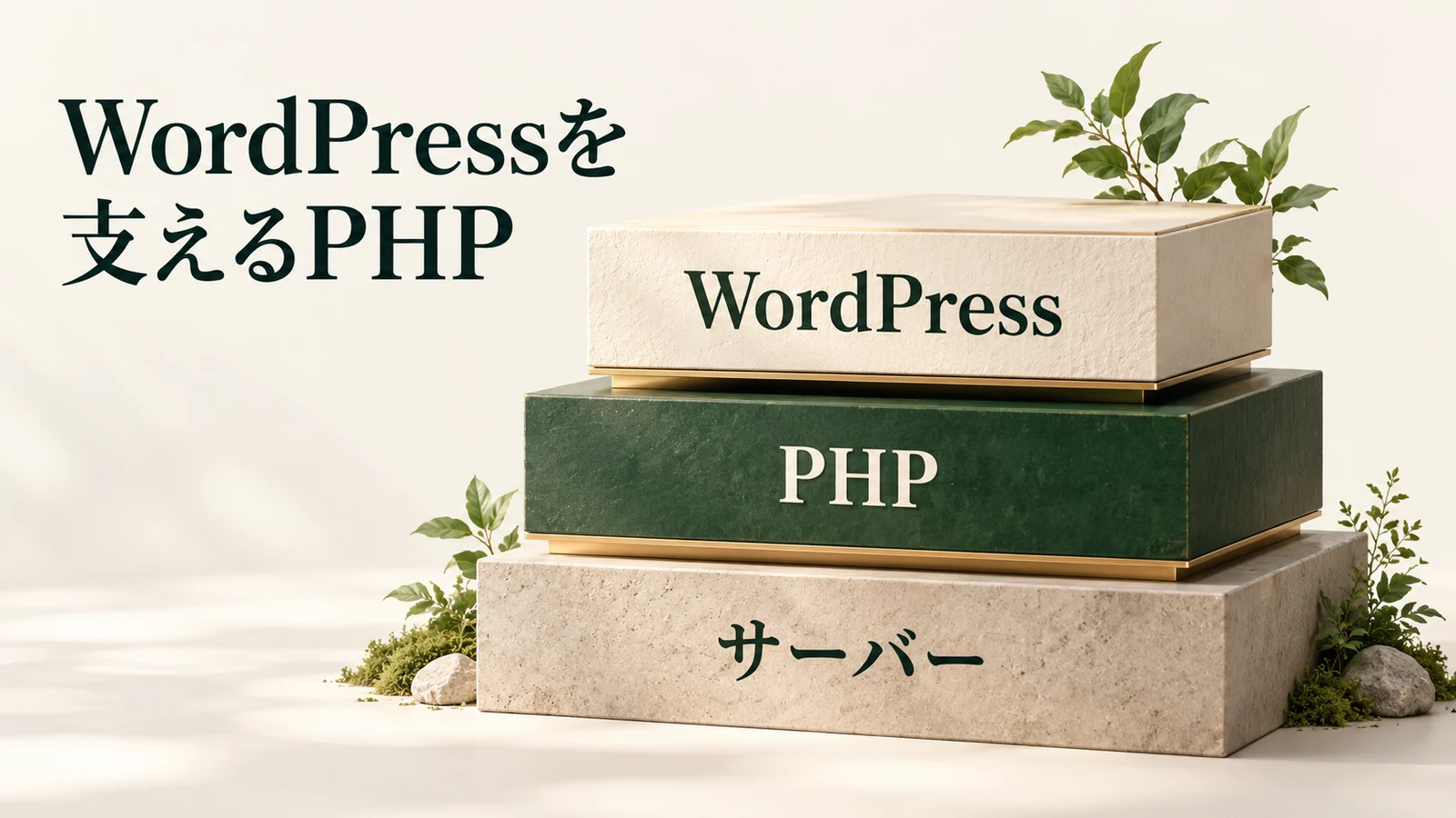 サーバーを土台にPHPが動作し、その上でWordPressが動く三層の関係図
